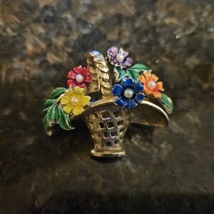 Vintage Floral Basket Brooch with Multicolor Accents